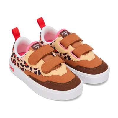 Kindersneakers crème bruin leopard prints dubbele velcrobanden Hello Hossy