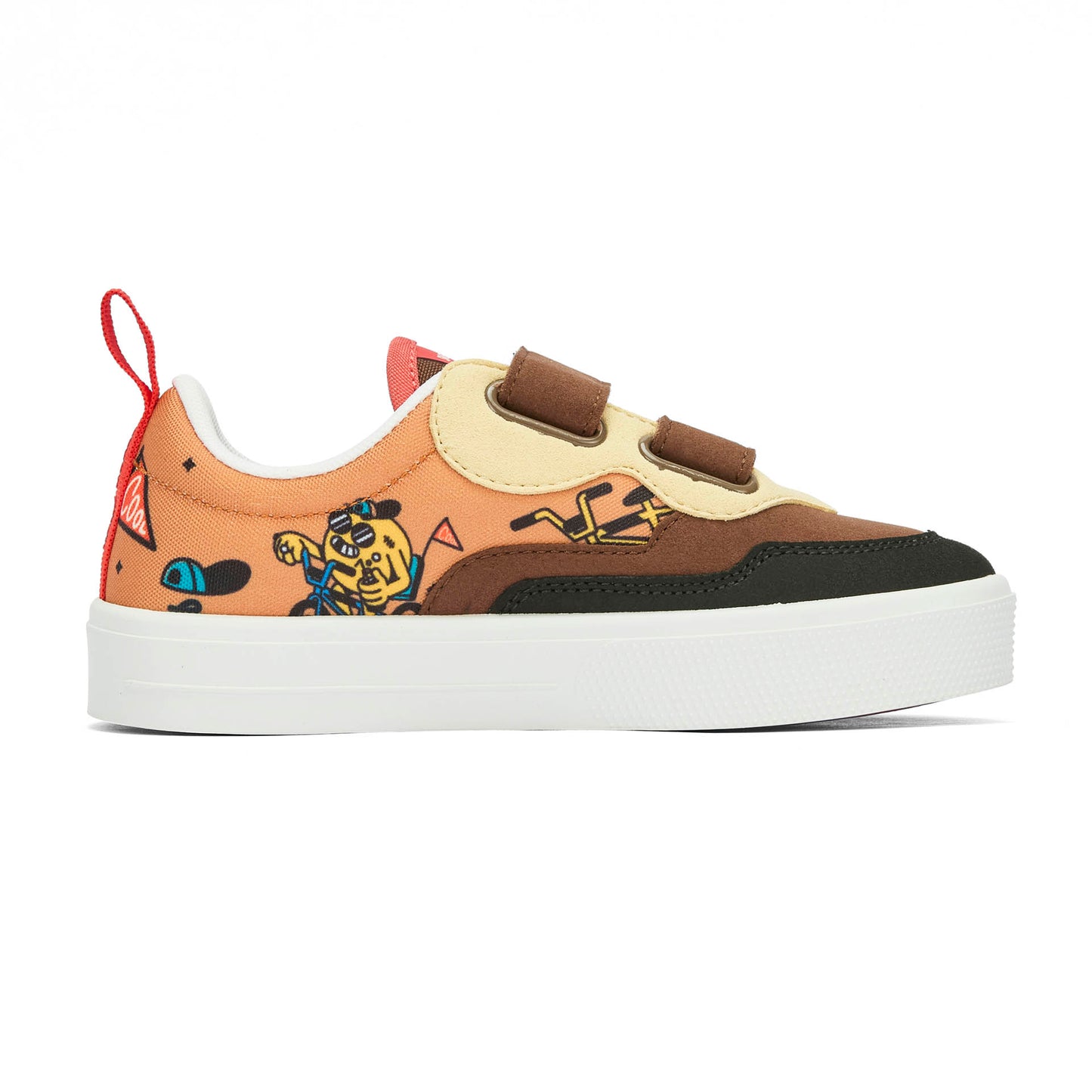 Kindersneakers bruin zwart mascots bikes motief klittenbandbandjes Hello Hossy