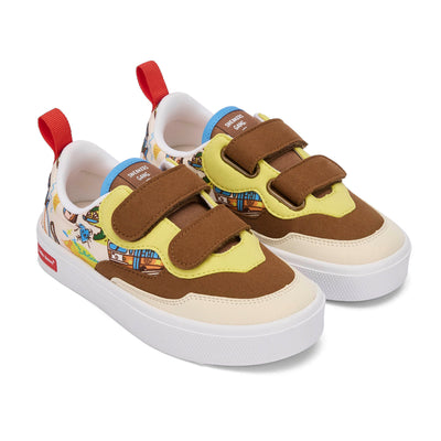 Kindersneakers crème bruin geel VS motief klittenband witte zool Hello Hossy