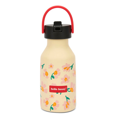 Drinkfles kind beige bloemen motief rood handvat zwart flesdop Hello Hossy