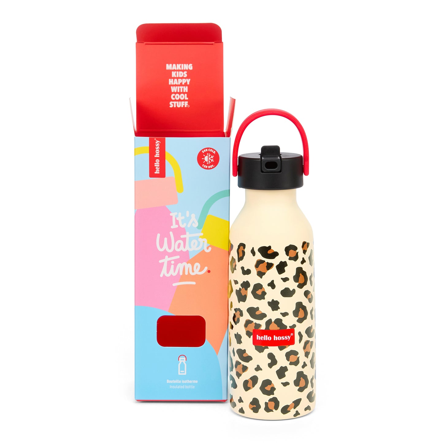 Drinkfles kind beige leopard prints rood handvat Hello Hossy