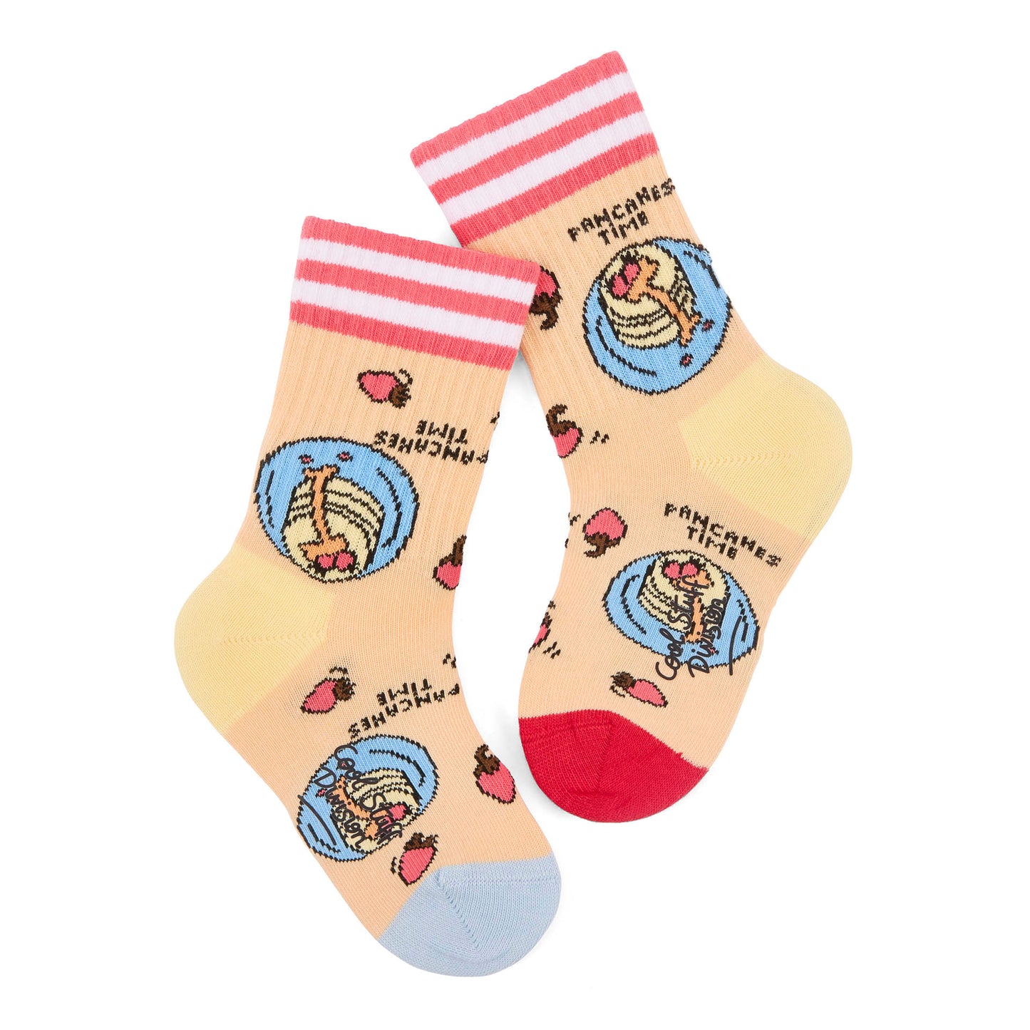 Paire de chaussettes pour enfant imprimée pancakes, talons et pointes contrastés rouge et bleu, haut de tige à rayures rouges – vue à plat