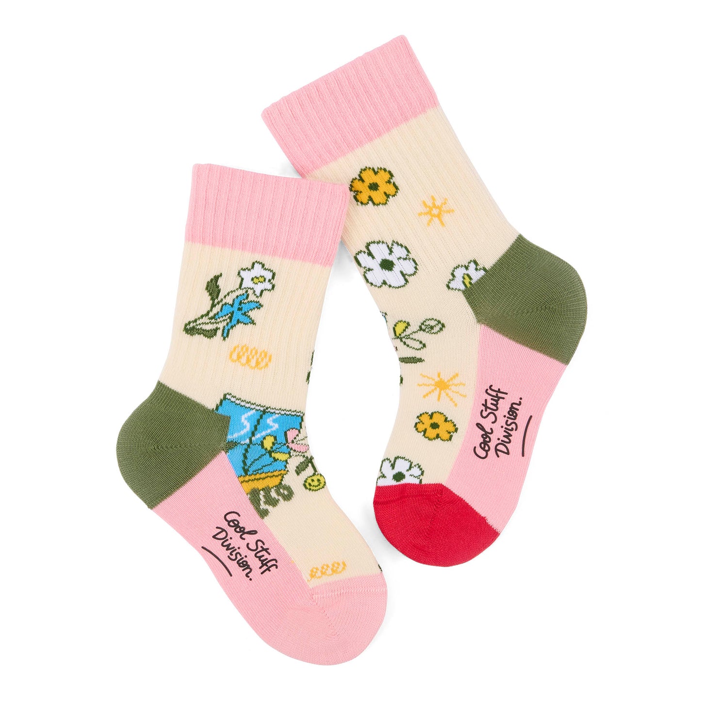 Paire de chaussettes beige imprimée fleurs pour enfant, talons et pointes contrastés rouge et rose, haut de tige rose – vue à plat