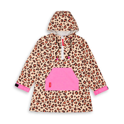 Waterproof regenponcho met capuchon leopard voor kind en ouder – platliggend, voorkant