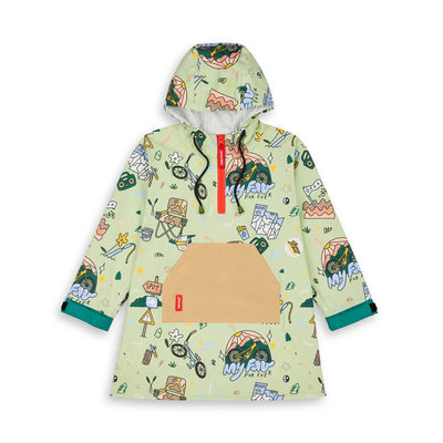 Waterproof regenponcho met capuchon Mountain Ride voor kinderen – plat neergelegd, voorkant