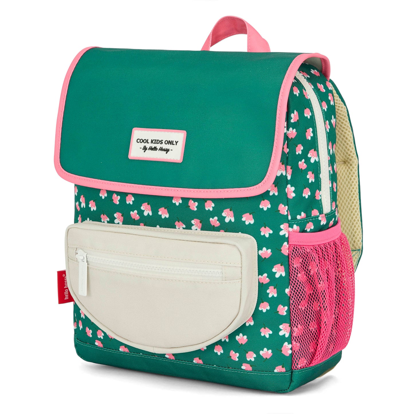 Groene kinderrugzak met roze bloemenprint witte vakken Hello Hossy