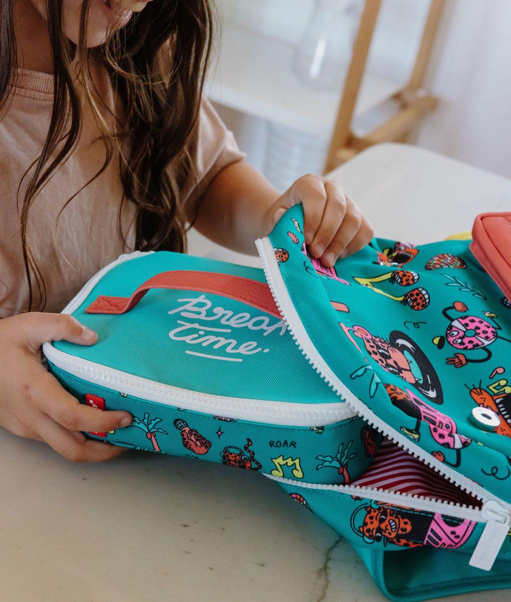 Sac goûter enfant vert corail motif animaux fermeture éclair Hello Hossy
