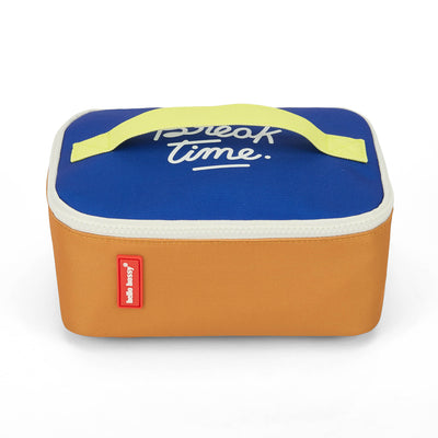 Lunchtas kind blauw beige gele handvatten geborduurd tekst Hello Hossy