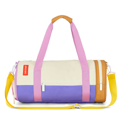 Sporttas kind beige paars camel gele schouderband Hello Hossy