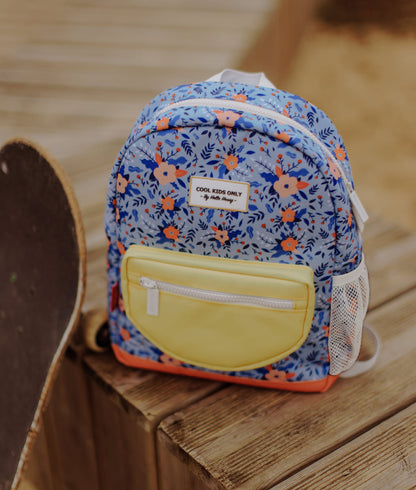 Rugzak kind blauw bloemenprint gele zak Hello Hossy