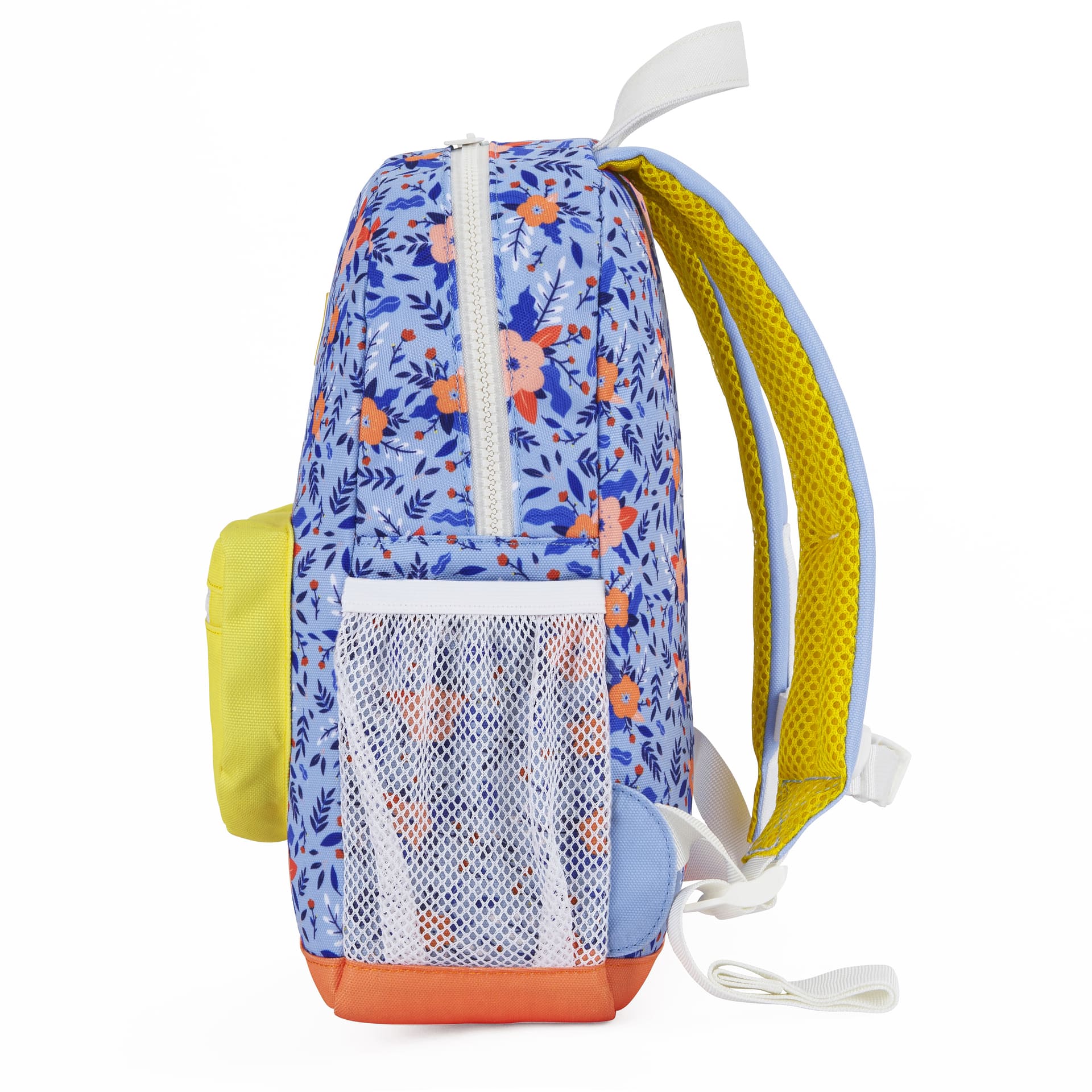 Rugzak kind blauw bloemenprint witte nettas oranje detail Hello Hossy