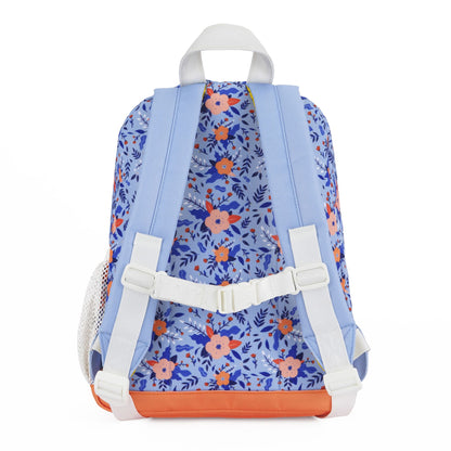 Rugzak kind blauw bloemenprint witte bandjes oranje bodem Hello Hossy