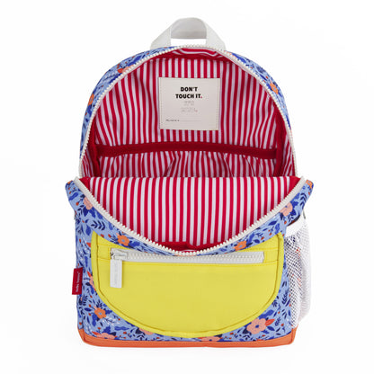 Rugzak kind blauw bloemenprint gele zak strepen van binnen Hello Hossy
