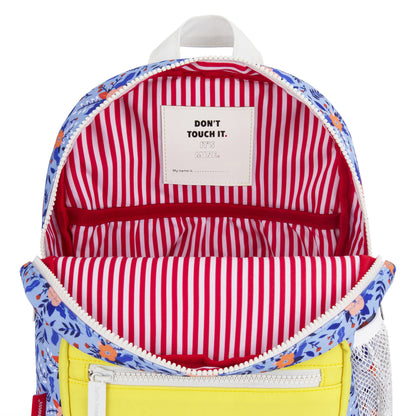 Rugzak kind blauw bloemenprint binnenvoering rood-wit gestreept gele zak Hello Hossy