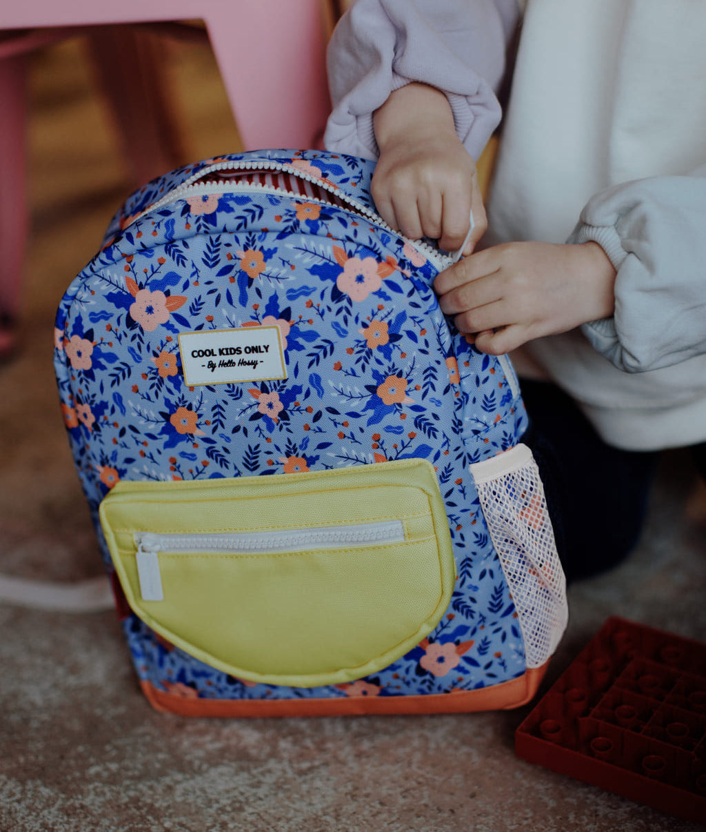 Rugzak kind blauw bloemenprint gele zak Hello Hossy