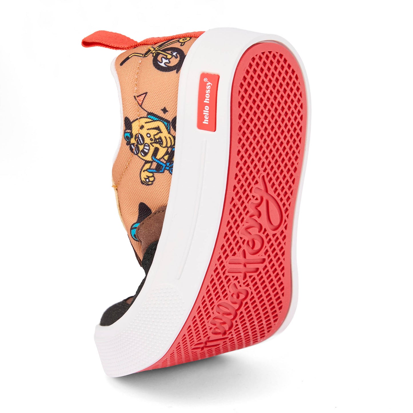 Kindersneakers bruin zwart prints mascots bikes rode zachte zool Hello Hossy