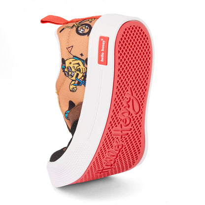 Kindersneakers bruin zwart prints mascots bikes rode zachte zool Hello Hossy