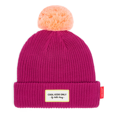 Kindermuts paars pompon perzik geborduurd label Hello Hossy