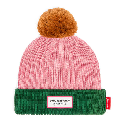 Bonnet enfant rose vert pompon marron étiquette Cool Kids Hello Hossy
