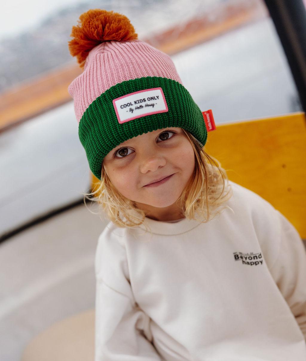 Bonnet enfant rose vert pompon doublure polaire broderie Cool Kids Hello Hossy