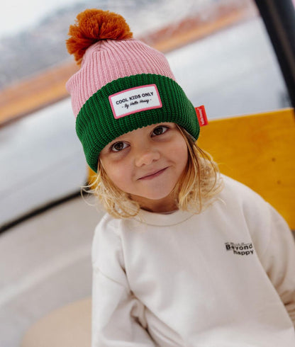 Bonnet enfant rose vert pompon doublure polaire broderie Cool Kids Hello Hossy
