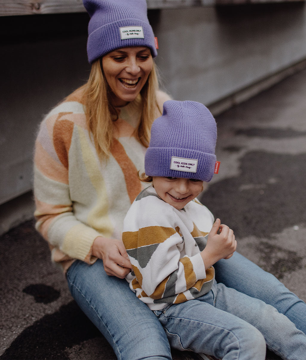 Bonnet coloré Parents-Enfants Pop Purple, maille douce et fine, laine, sans pompon, dès 9 mois, Cool Kids Only !