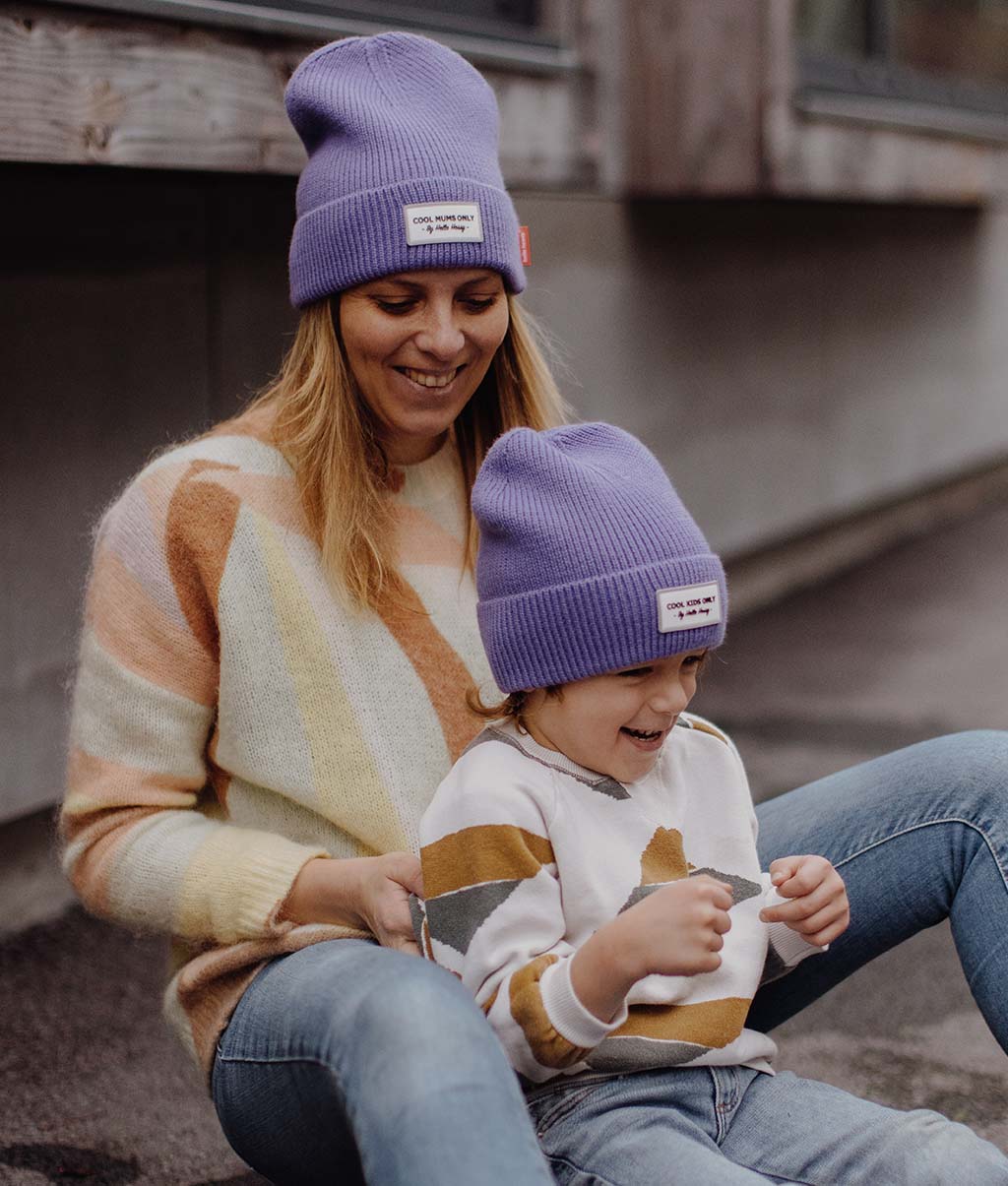 Bonnet coloré Parents-Enfants Pop Purple, maille douce et fine, laine, sans pompon, dès 9 mois, Cool Kids Only !