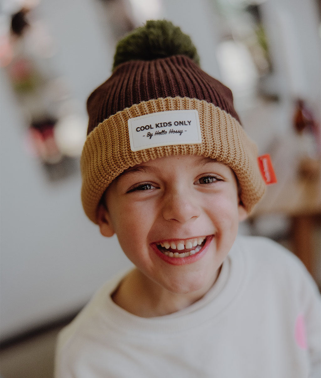 Bonnet Enfants Color Block Pistachio, avec pompon, doublure polaire, coton biologique, dès 9 mois, Cool Kids Only !