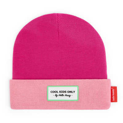 Muts kind fuchsia roze omgeslagen boord geborduurd etiket Hello Hossy