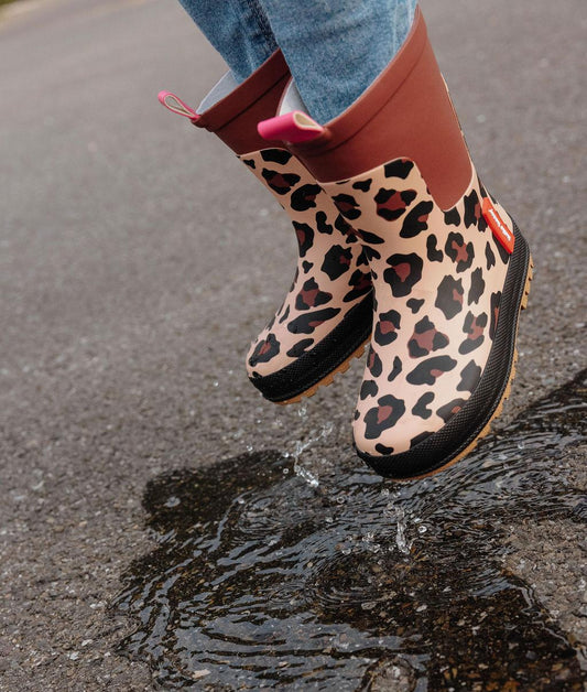 Kinderregenlaarzen bruin Leopard prints zwarte zool Hello Hossy