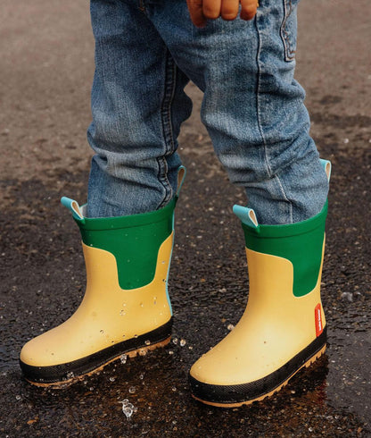 Regenlaarzen kind geel groen zwarte zool Hello Hossy