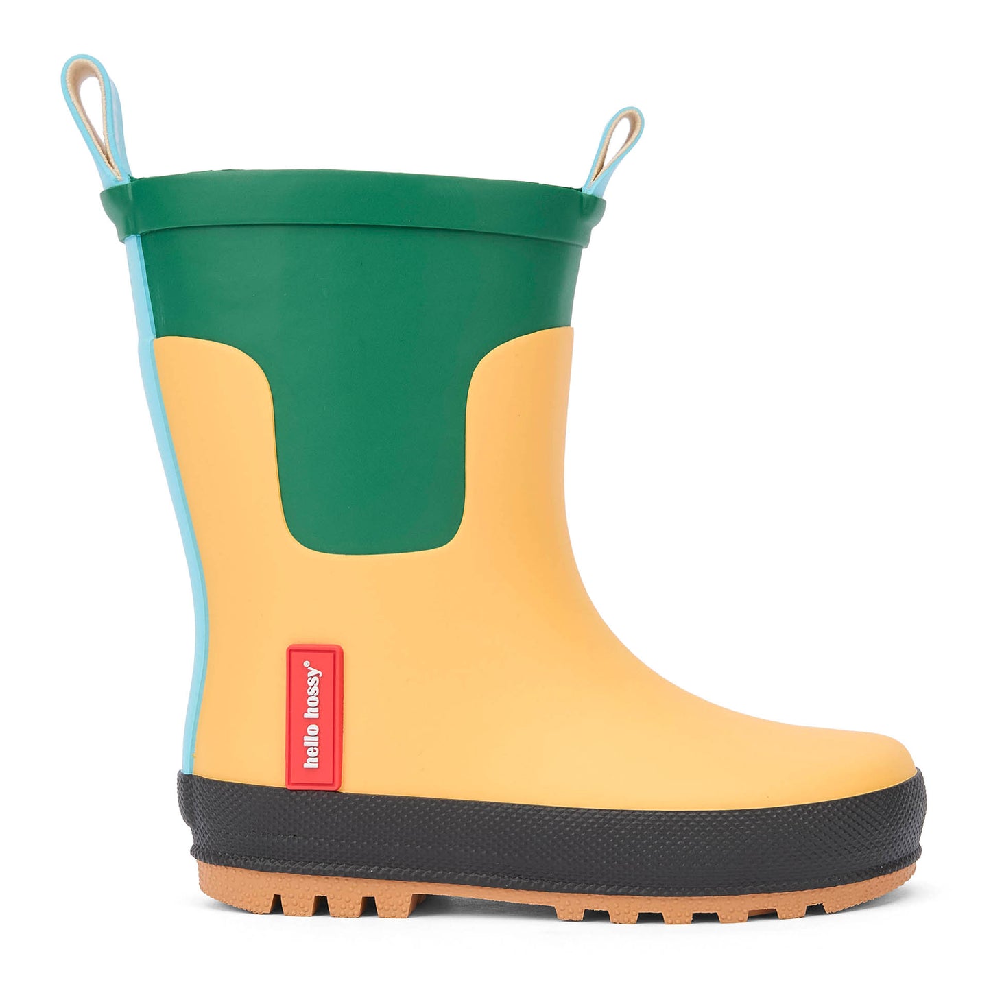 Regenlaarzen kind geel groen zwarte zool Hello Hossy