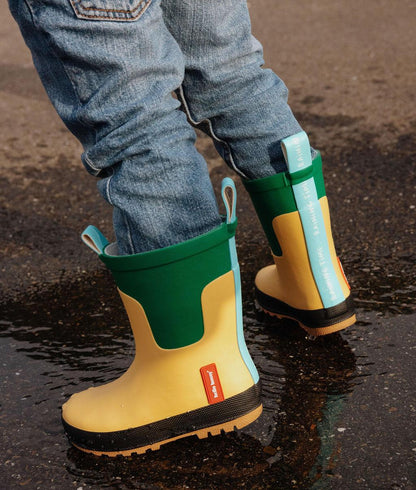 Regenlaarzen kind geel groen zwarte zool Hello Hossy