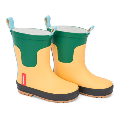 Regenlaarzen kind geel groen zwarte zool blauwe strip Hello Hossy