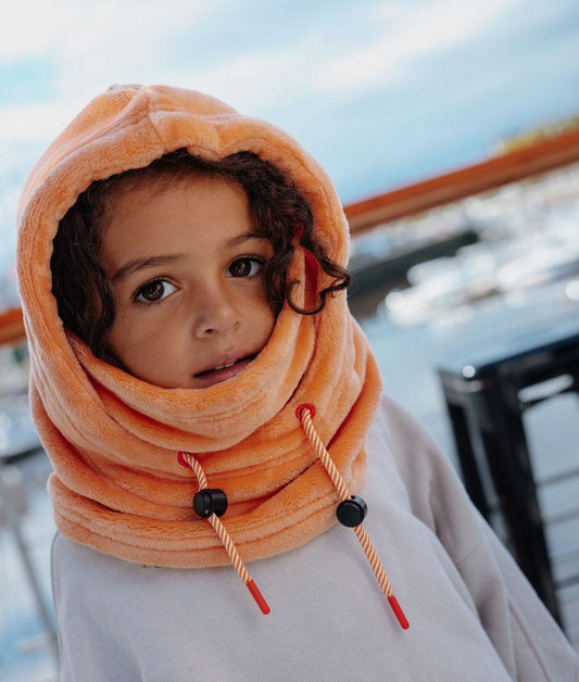 Balaclava kind oranje fleece verstelbare koordjes Hello Hossy