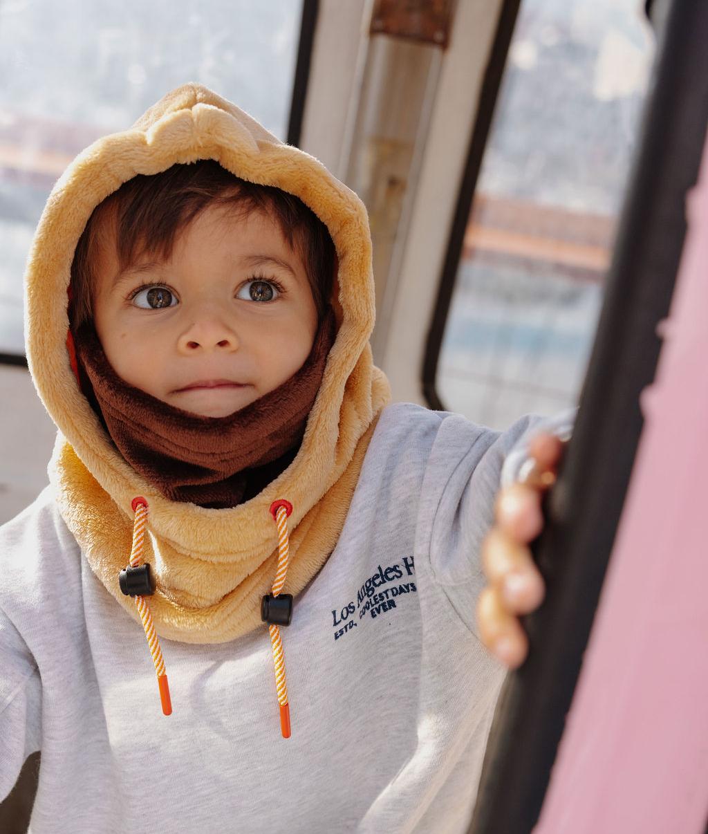 Tweekleurige kinder balaclava Beige bruin fleece verstelbare koordjes Hello Hossy