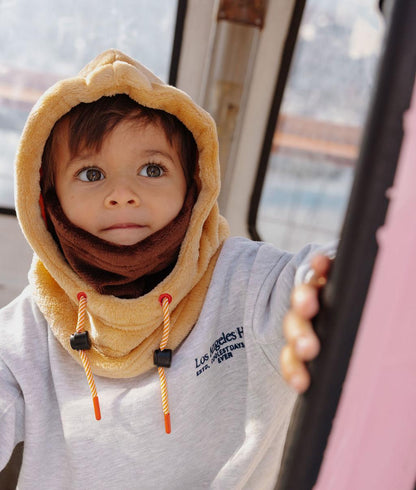 Tweekleurige kinder balaclava Beige bruin fleece verstelbare koordjes Hello Hossy