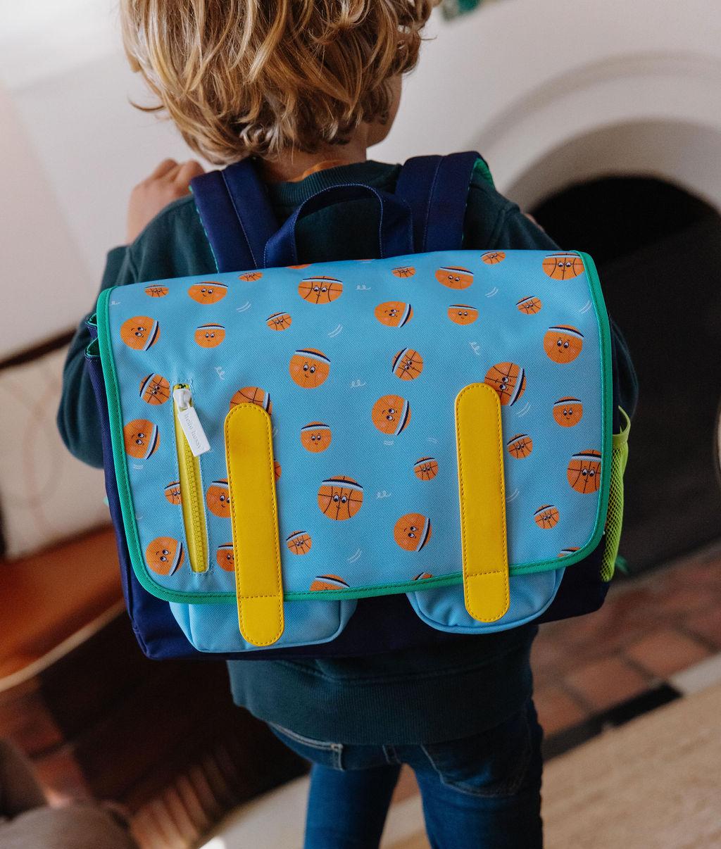 Schooltas kind blauw sportmotief oranje ballen Hello Hossy
