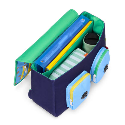 Schooltas kind blauw oranje sport motief meerdere vakken Hello Hossy