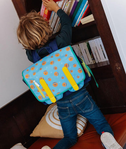 Schooltas kind blauw sportmotief oranje ballen Hello Hossy