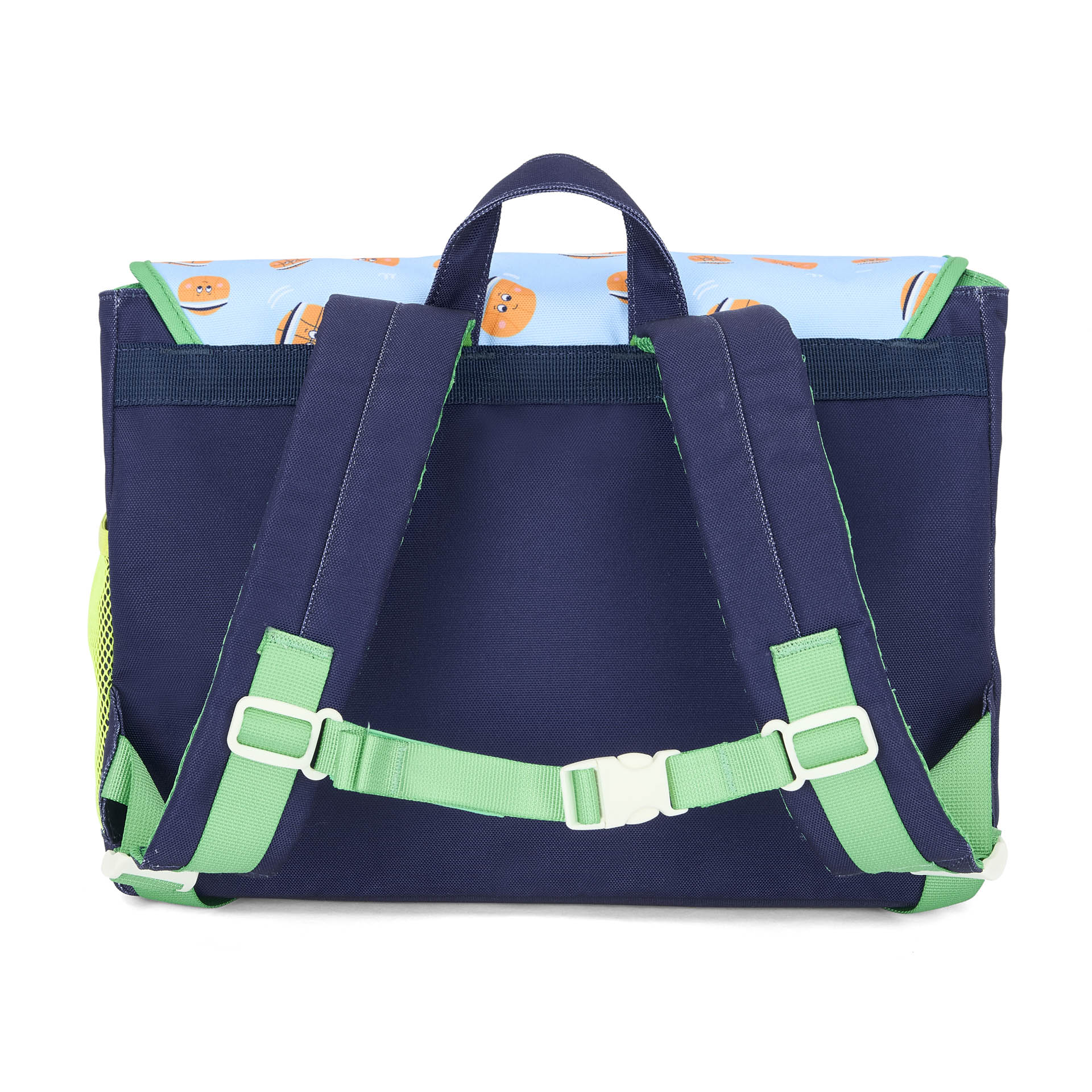 Schooltas kind blauw oranje sport motief verstelbare bandjes Hello Hossy