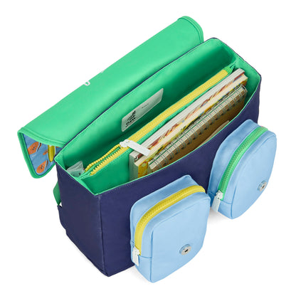 Schooltas kind blauw oranje sportmotief vakken Hello Hossy