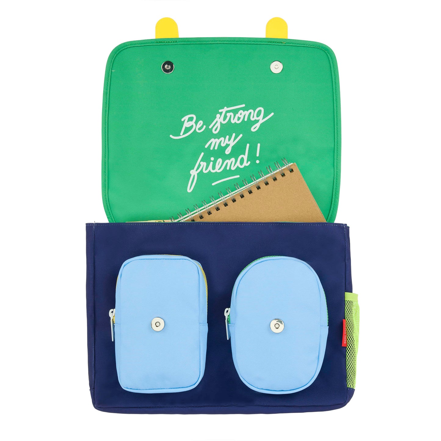 Schooltas kind blauw oranje sport motieven groen interieur Hello Hossy