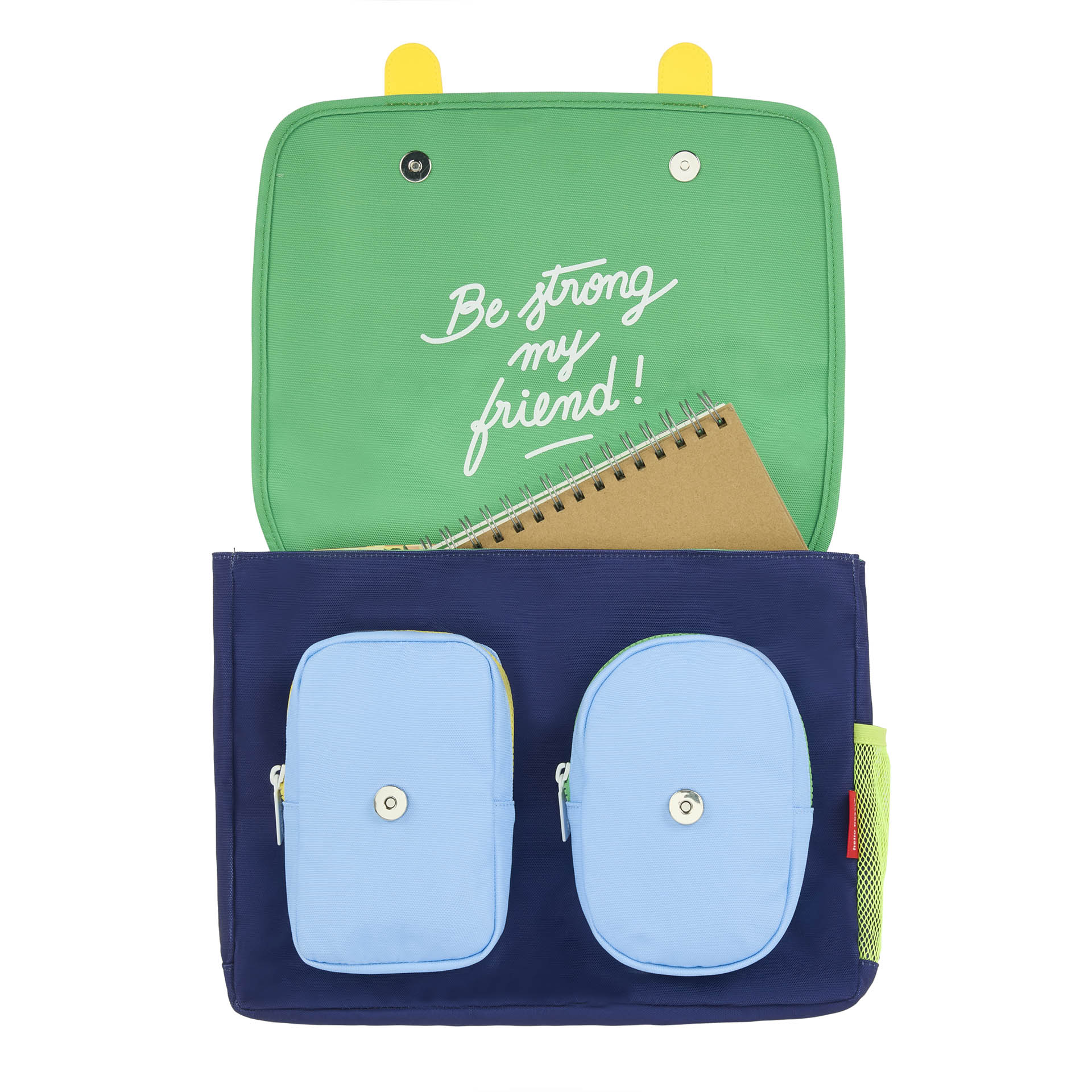 Schooltas kind blauw oranje sport motieven groen interieur Hello Hossy