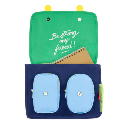 Schooltas kind blauw oranje sport motieven groen interieur Hello Hossy