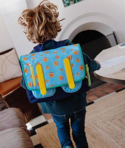 Schooltas kind blauw oranje sportmotief gele details Hello Hossy