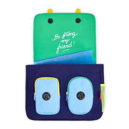 Schooltas kind blauw oranje sportmotief voorvakken Hello Hossy