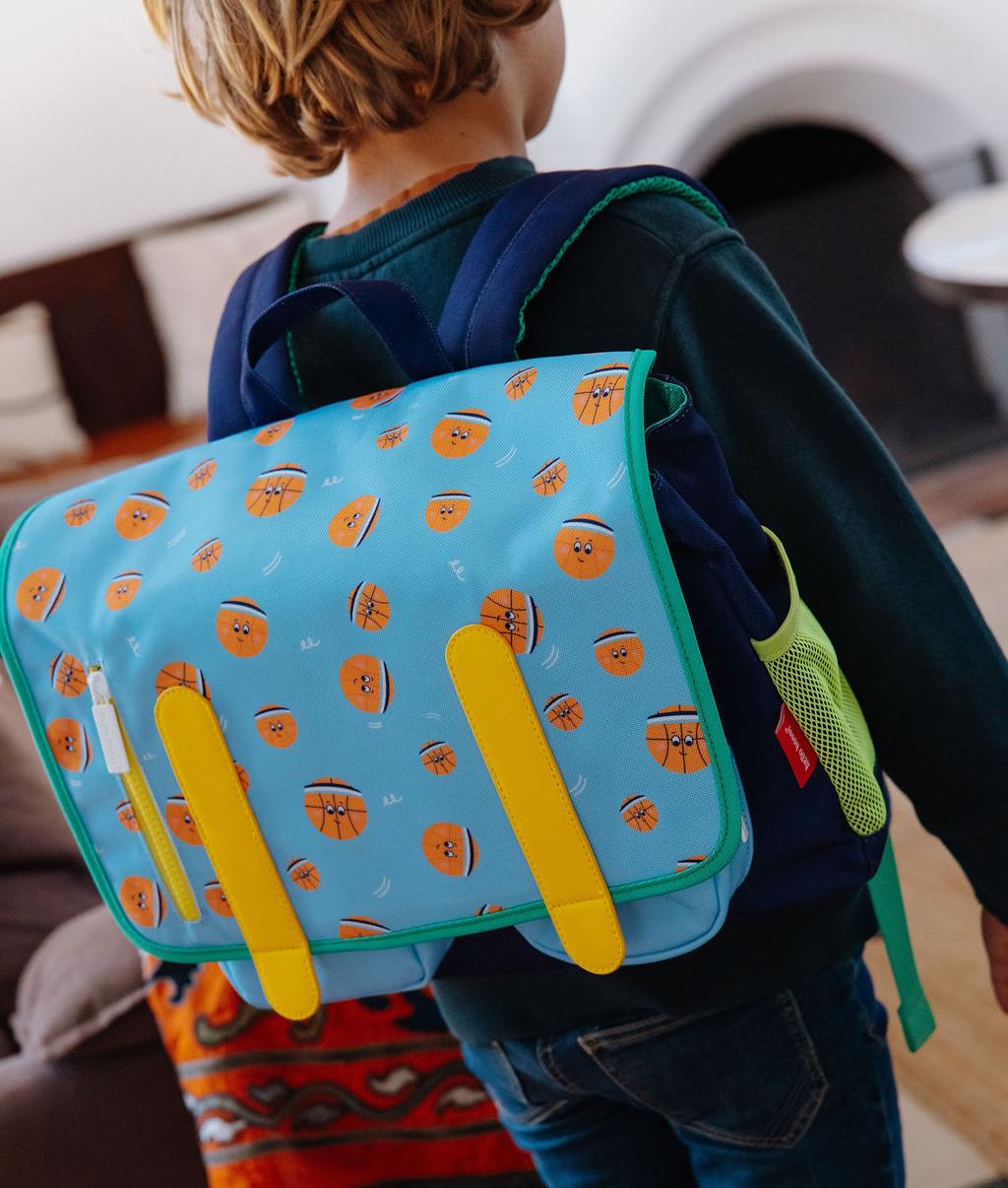 Schooltas kind blauw sport motief oranje gele details Hello Hossy