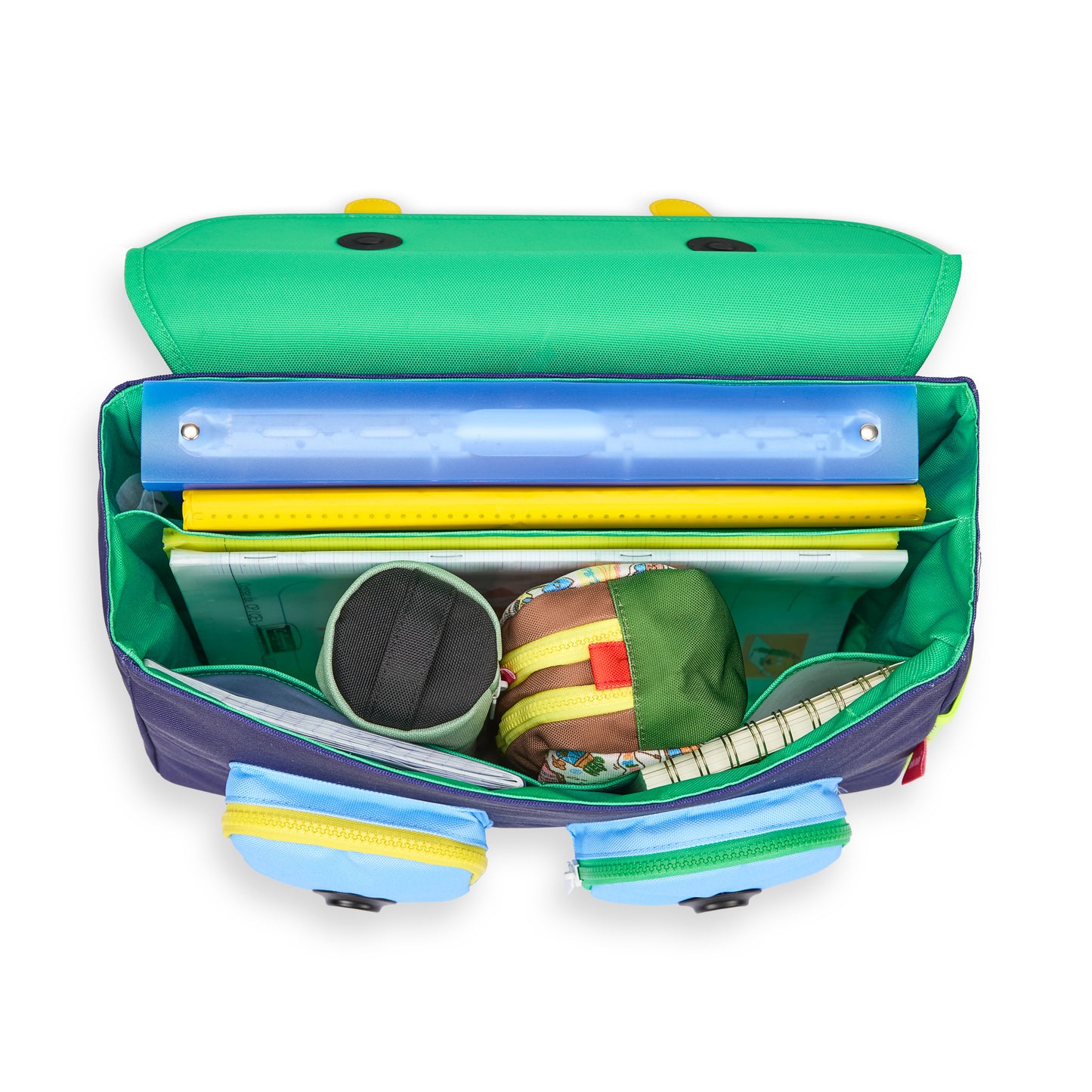 Schooltas kind blauw en oranje sportmotief meerdere vakken Hello Hossy