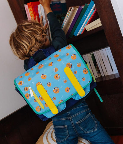 Schooltas kind blauw basketball prints oranje accenten Hello Hossy